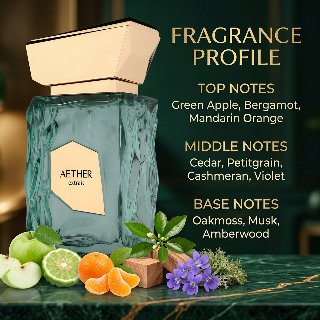 Aether perfume photo with fragrance profile