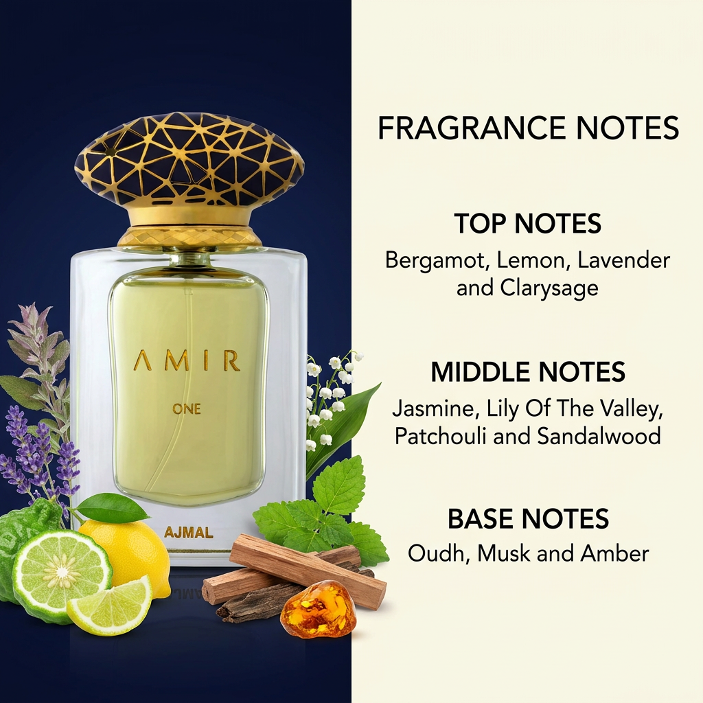 Amir One perfume with ingredient imagery and fragrance notes