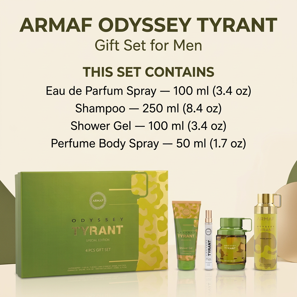 Armaf Odyssey Tyrant gift set with contents and sizes