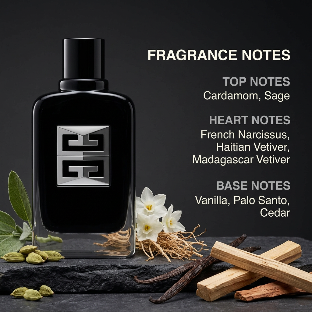 Black-and-silver perfume image with cardamom, sage, narcissus, vetiver, vanilla, palo santo, and cedar fragrance notes