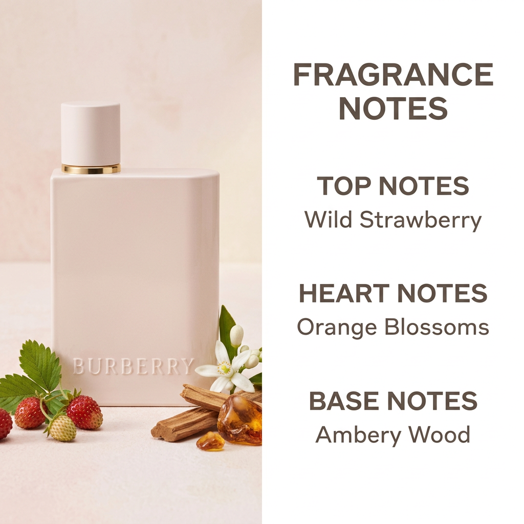 Burberry perfume with wild strawberries, orange blossoms, and fragrance notes