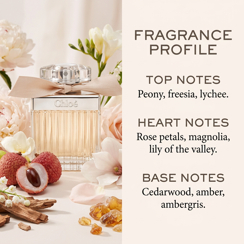 Chloé perfume with floral ingredient imagery and fragrance profile text