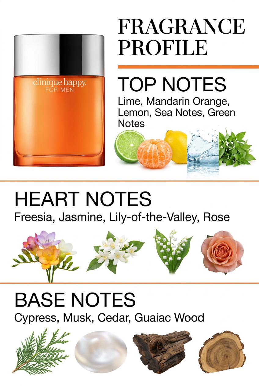 Clinique Happy for Men fragrance profile with citrus, floral, and woody ingredient photos