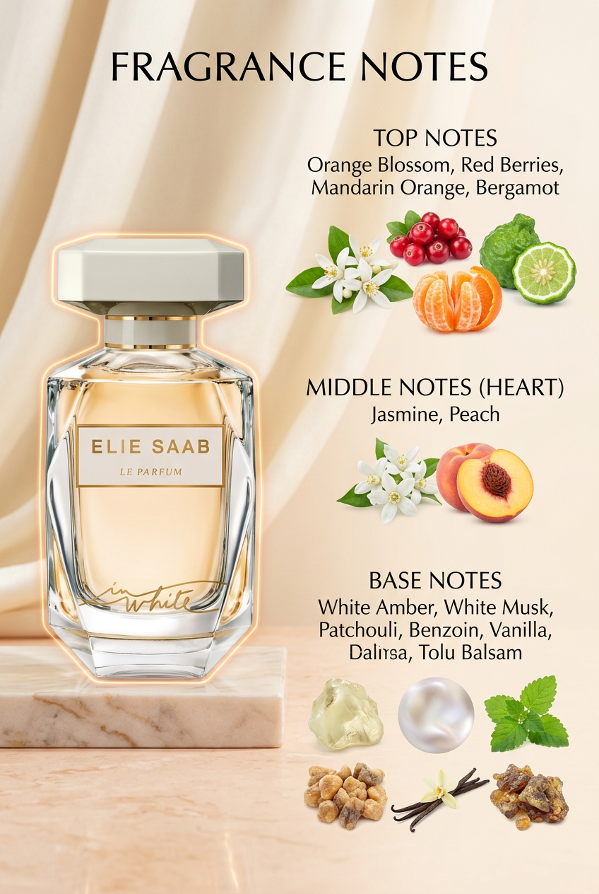 Elie Saab fragrance notes with ingredient photography in an ivory-and-gold design
