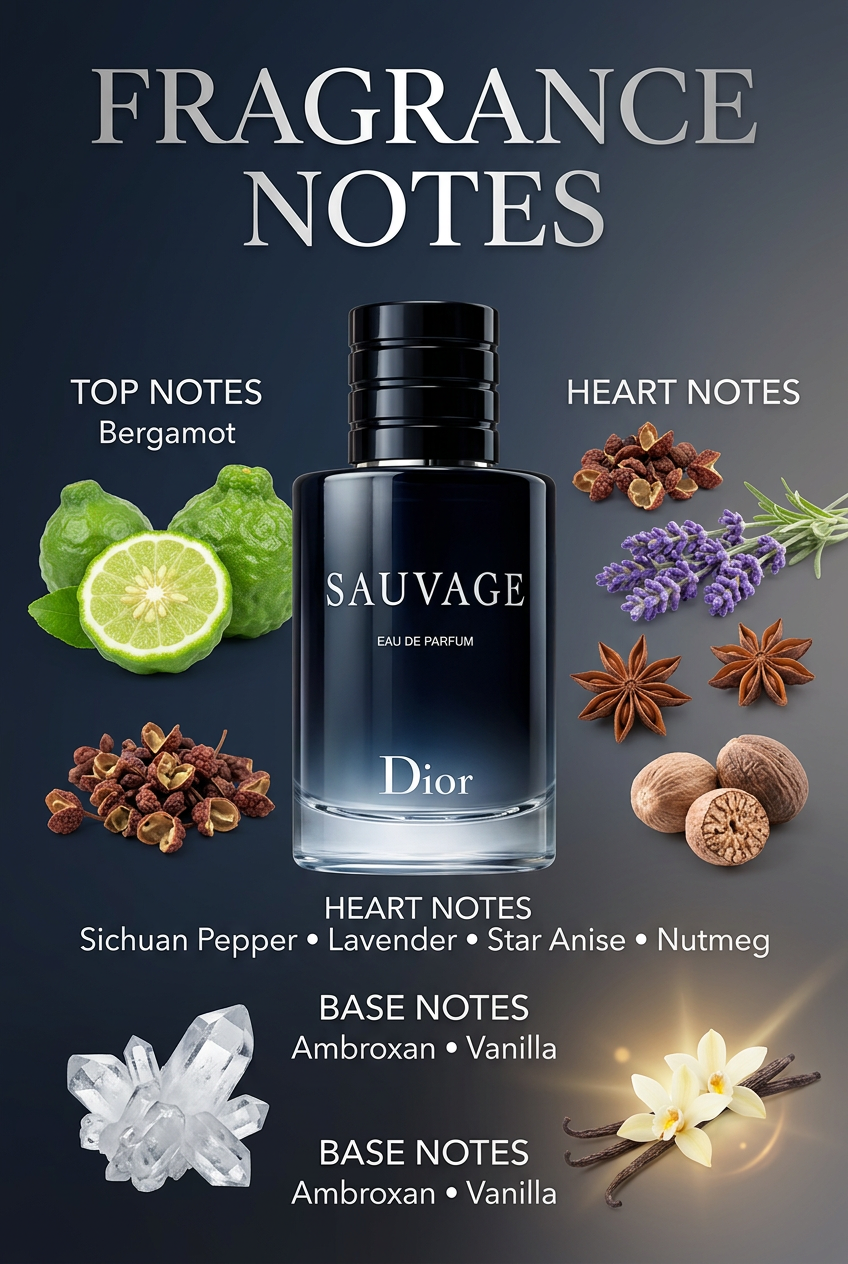 Fragrance notes featuring bergamot, spices, lavender, Ambroxan and vanilla