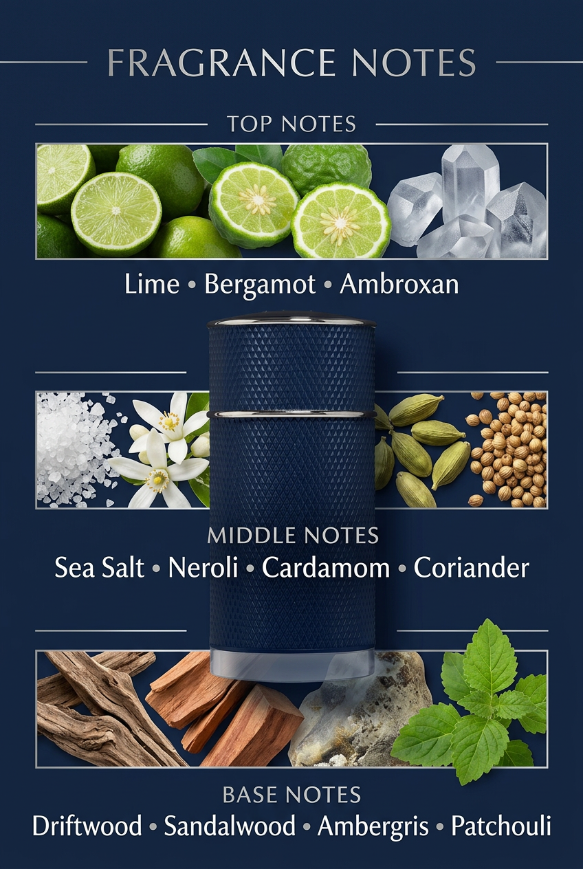 Fragrance notes with ingredient photography and navy perfume bottle