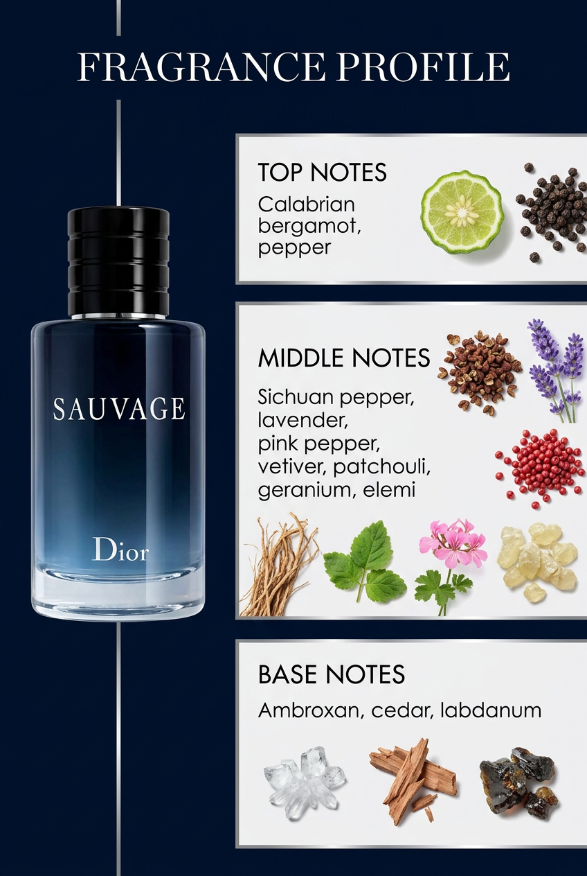 Fragrance profile with Sauvage bottle, ingredient photography, and Top, Middle, and Base Notes