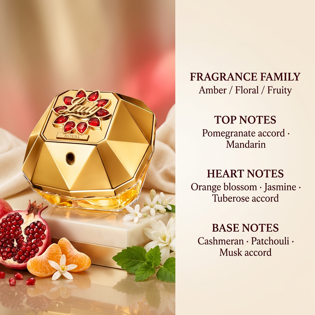 Gold perfume bottle with fragrance ingredients and the written fragrance profile