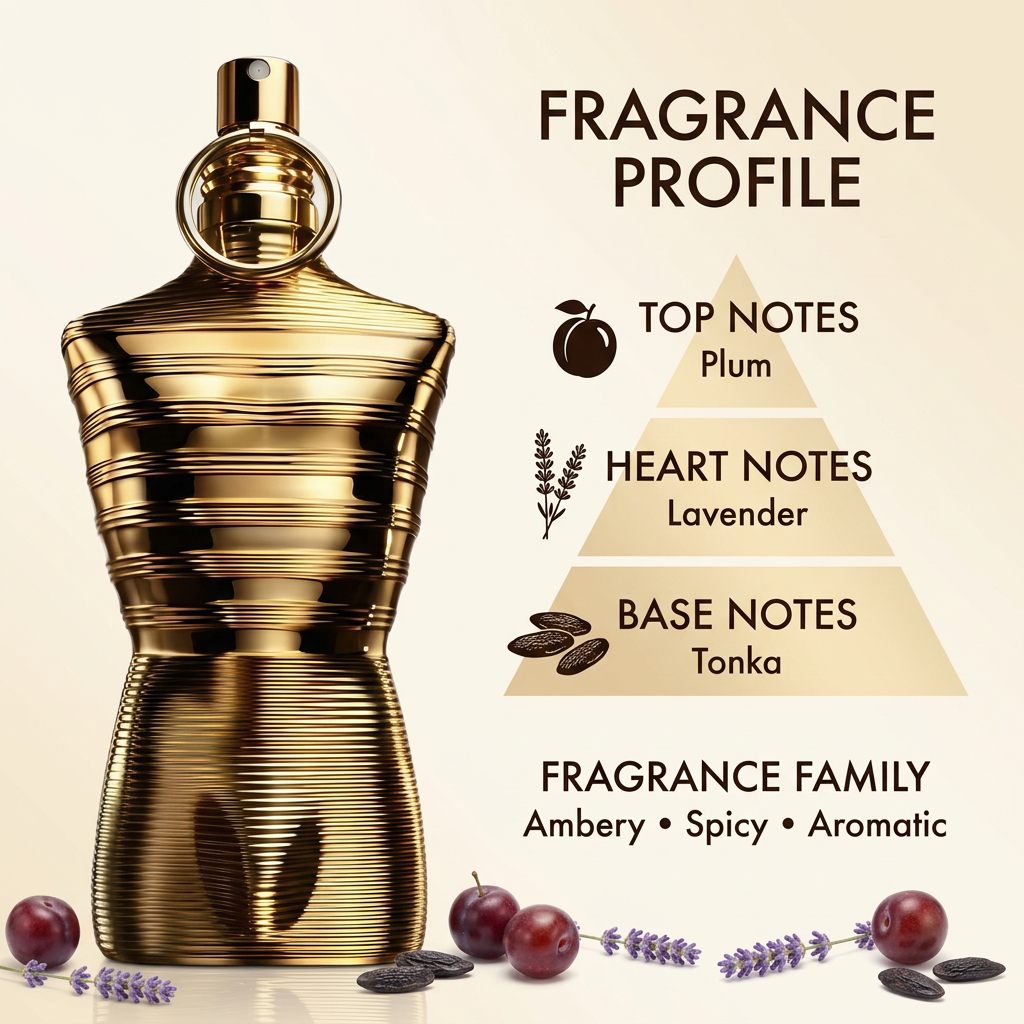 Gold perfume bottle with plum, lavender, and tonka notes and an ambery, spicy, aromatic fragrance family