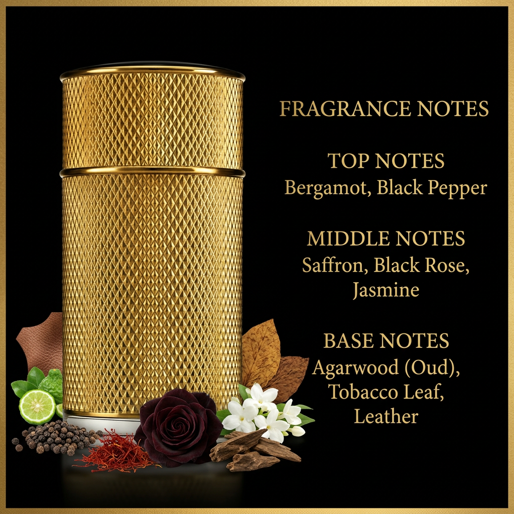 Gold perfume bottle with top, middle, and base fragrance notes