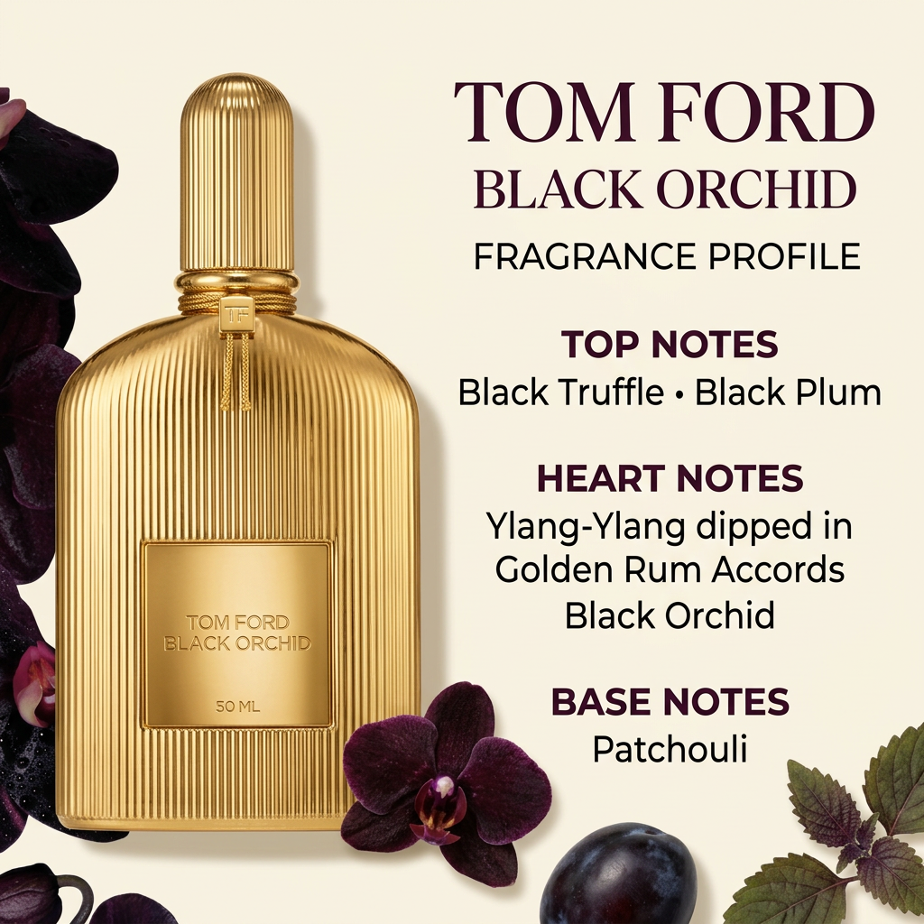 Gold Tom Ford Black Orchid bottle with top, heart, and base fragrance notes