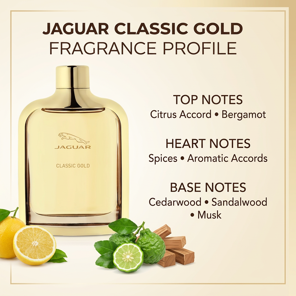 Jaguar Classic Gold bottle combined with top, heart, and base fragrance notes