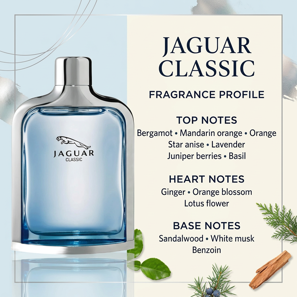 Jaguar Classic perfume photo with top, heart, and base fragrance notes