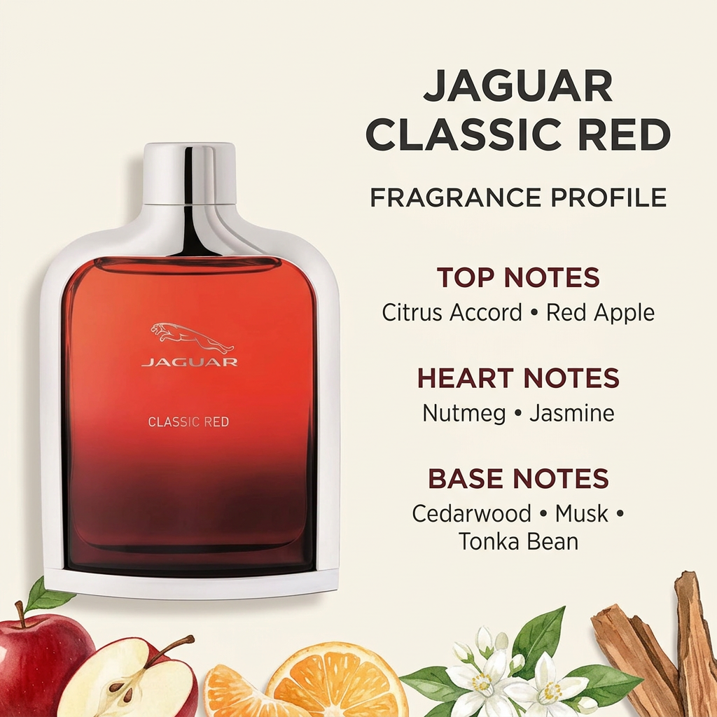 Jaguar Classic Red photo with top, heart, and base fragrance notes