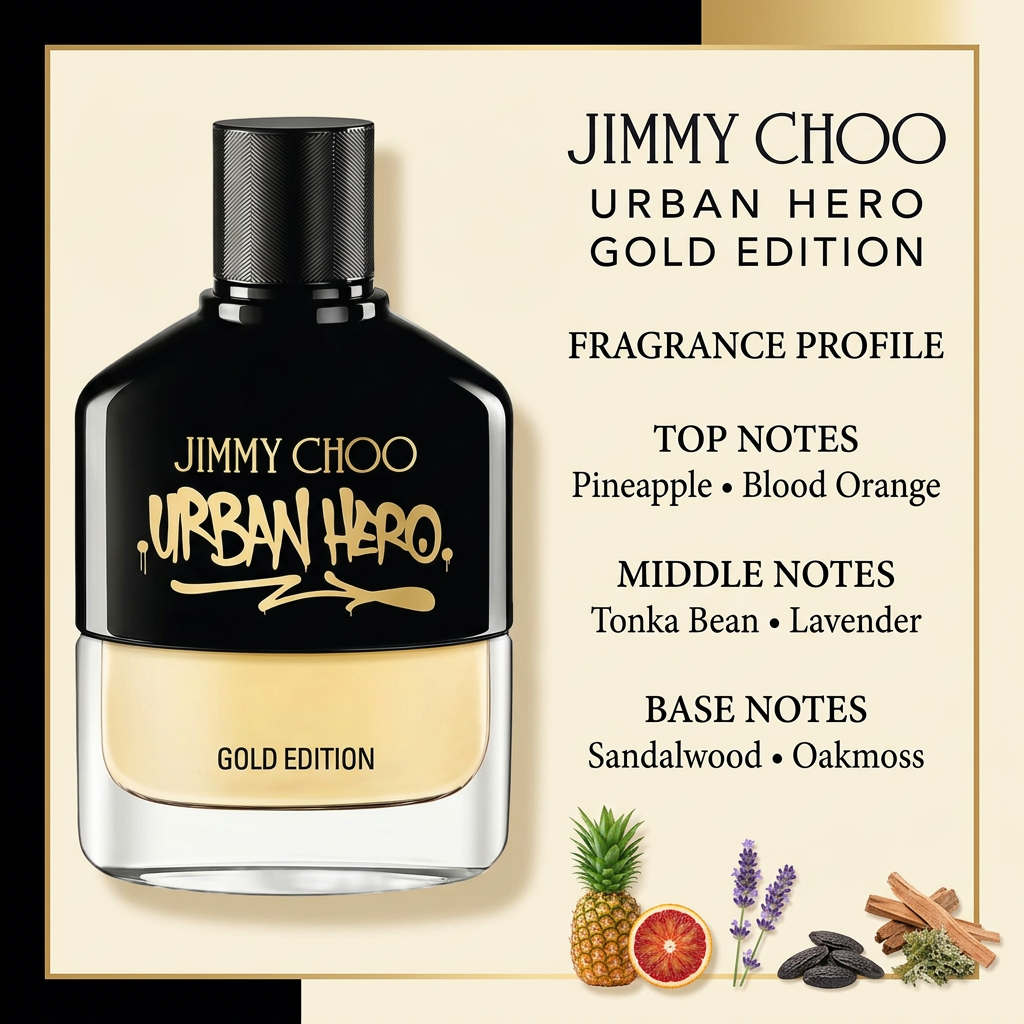 Jimmy Choo Urban Hero Gold Edition bottle with top, middle, and base fragrance notes
