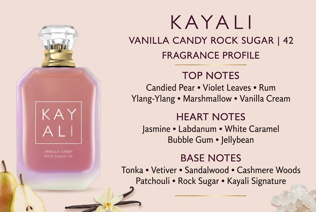 Kayali Vanilla Candy Rock Sugar 42 bottle with top, heart, and base fragrance notes