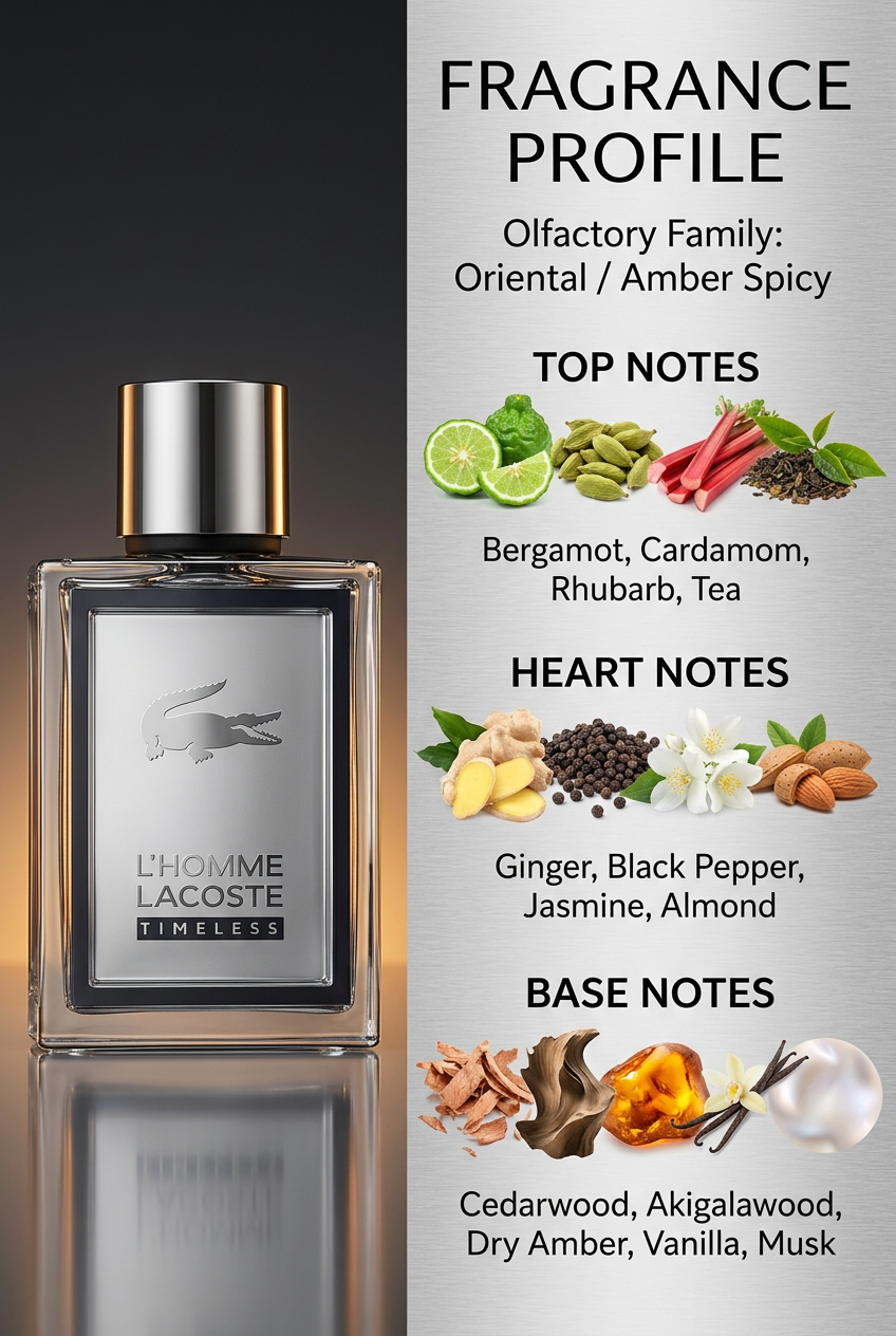 Lacoste Timeless fragrance profile with ingredient photos and labeled fragrance notes
