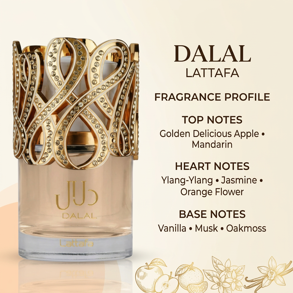 Lattafa Dalal bottle with top, heart, and base fragrance notes