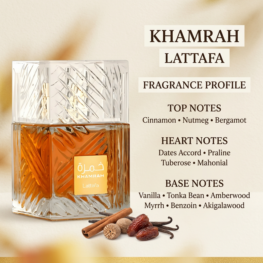 Lattafa Khamrah bottle with top, heart, and base fragrance notes