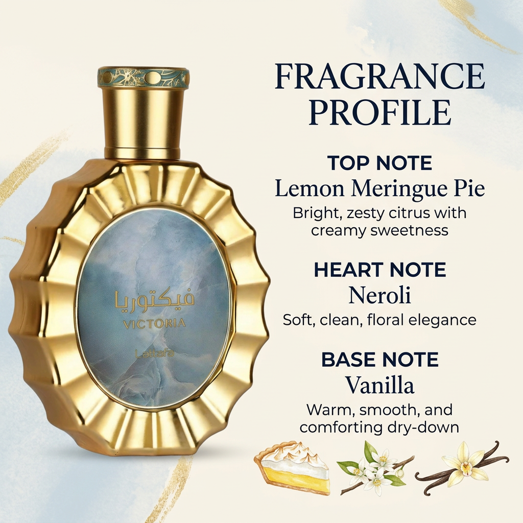 Lattafa Victoria bottle with lemon meringue pie, neroli, and vanilla fragrance notes and descriptions