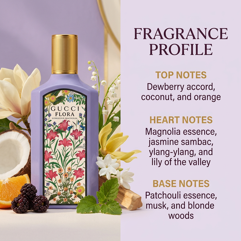 Lavender perfume bottle with floral and fruit accents and all three fragrance-note groups