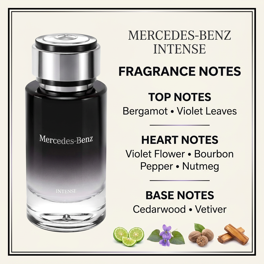 Mercedes-Benz Intense bottle with top, heart, and base fragrance notes