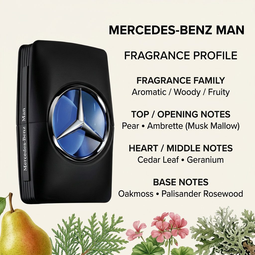 Mercedes-Benz Man bottle with fragrance family and top, heart, and base notes