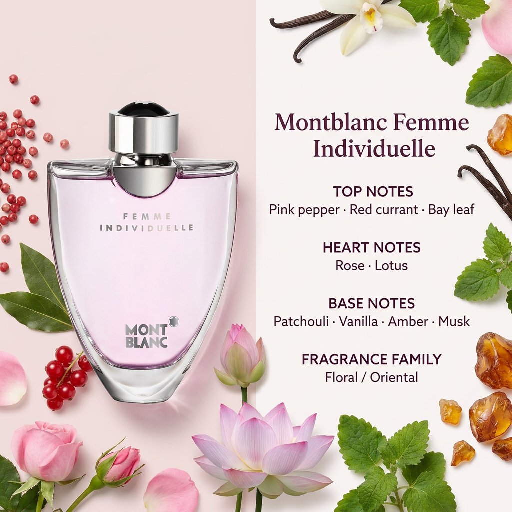 Montblanc Femme Individuelle perfume with fragrance notes written beside the bottle
