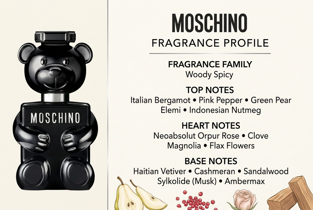 Moschino bottle with Woody Spicy fragrance family and full top, heart, and base notes