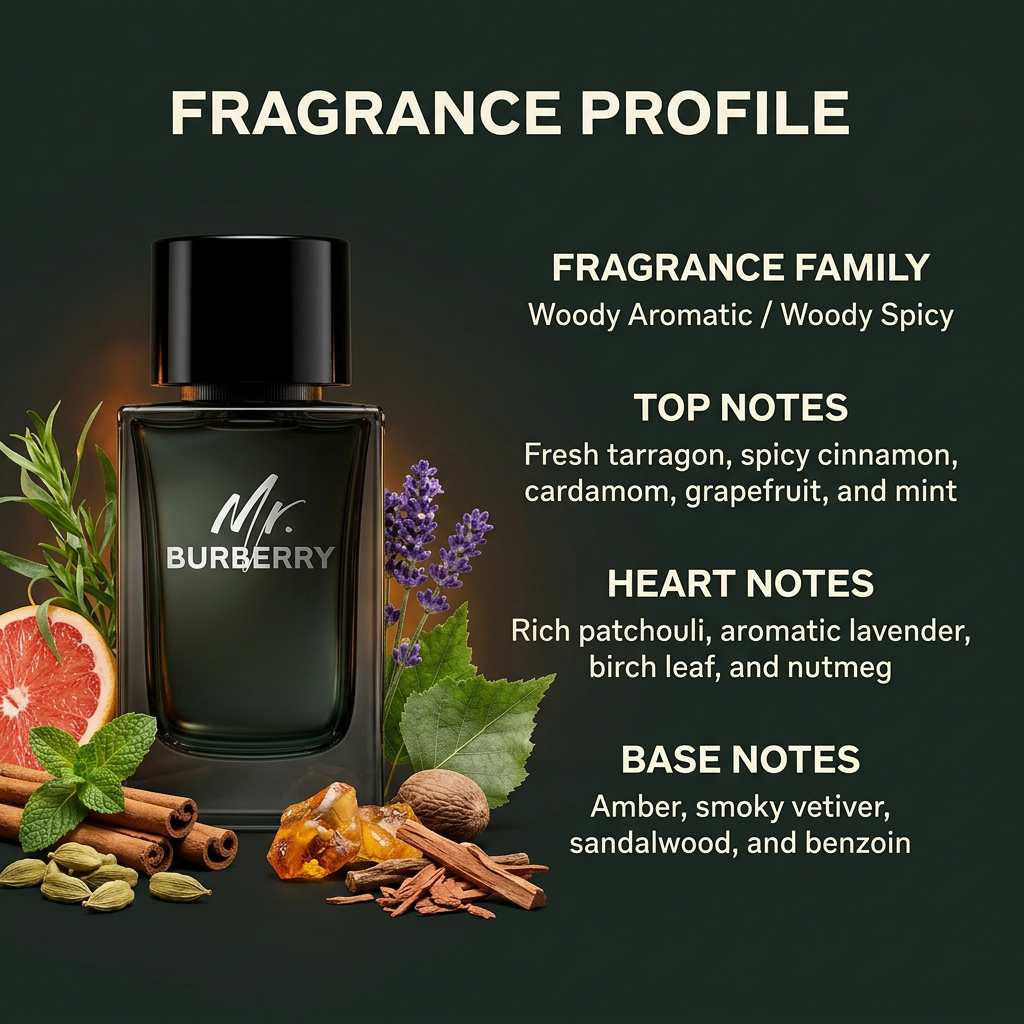 Mr. Burberry bottle with ingredient imagery and full fragrance profile
