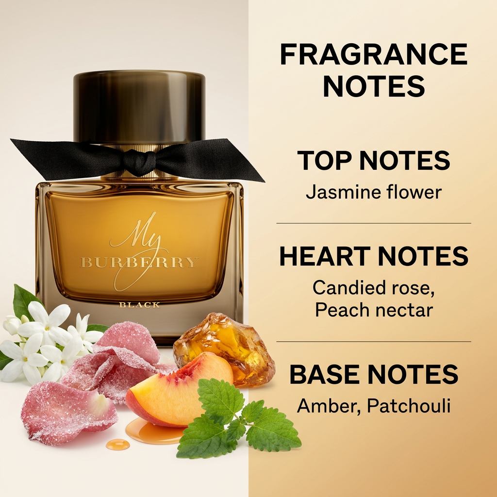 My Burberry Black bottle with ingredient imagery and fragrance notes