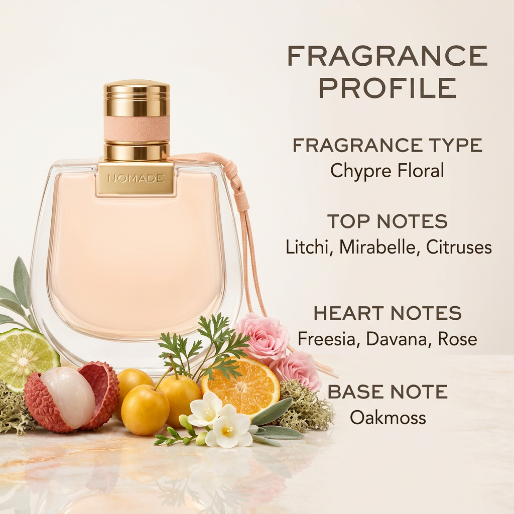 Nomade perfume with ingredient imagery and fragrance profile text