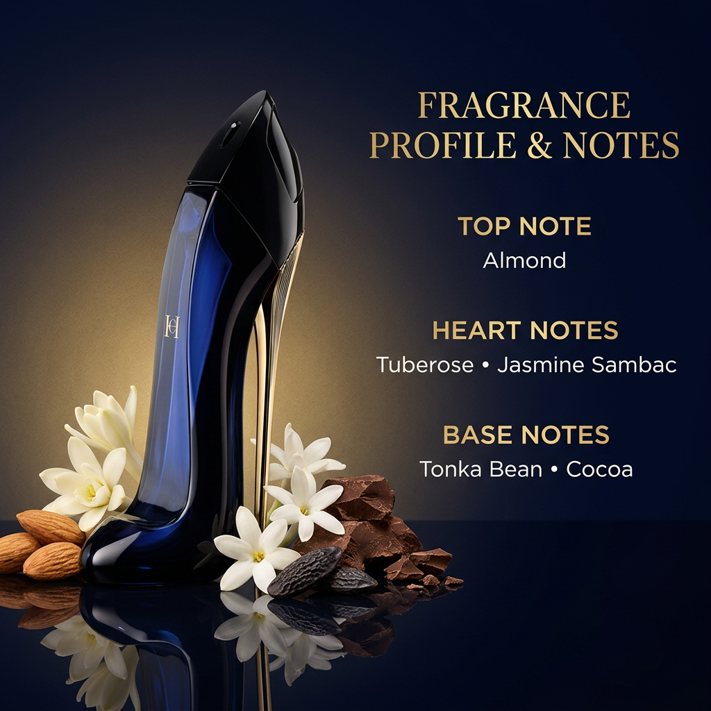Perfume bottle with almond, tuberose, jasmine sambac, tonka bean, and cocoa fragrance notes