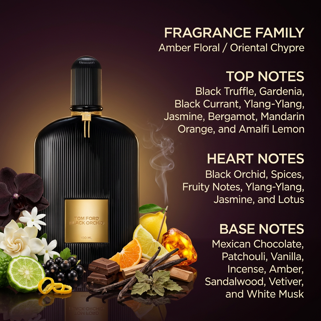 Perfume bottle with fragrance ingredients and the full fragrance profile written alongside