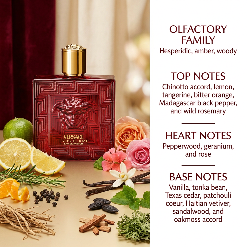 Perfume bottle with fragrance ingredients and the full written fragrance profile