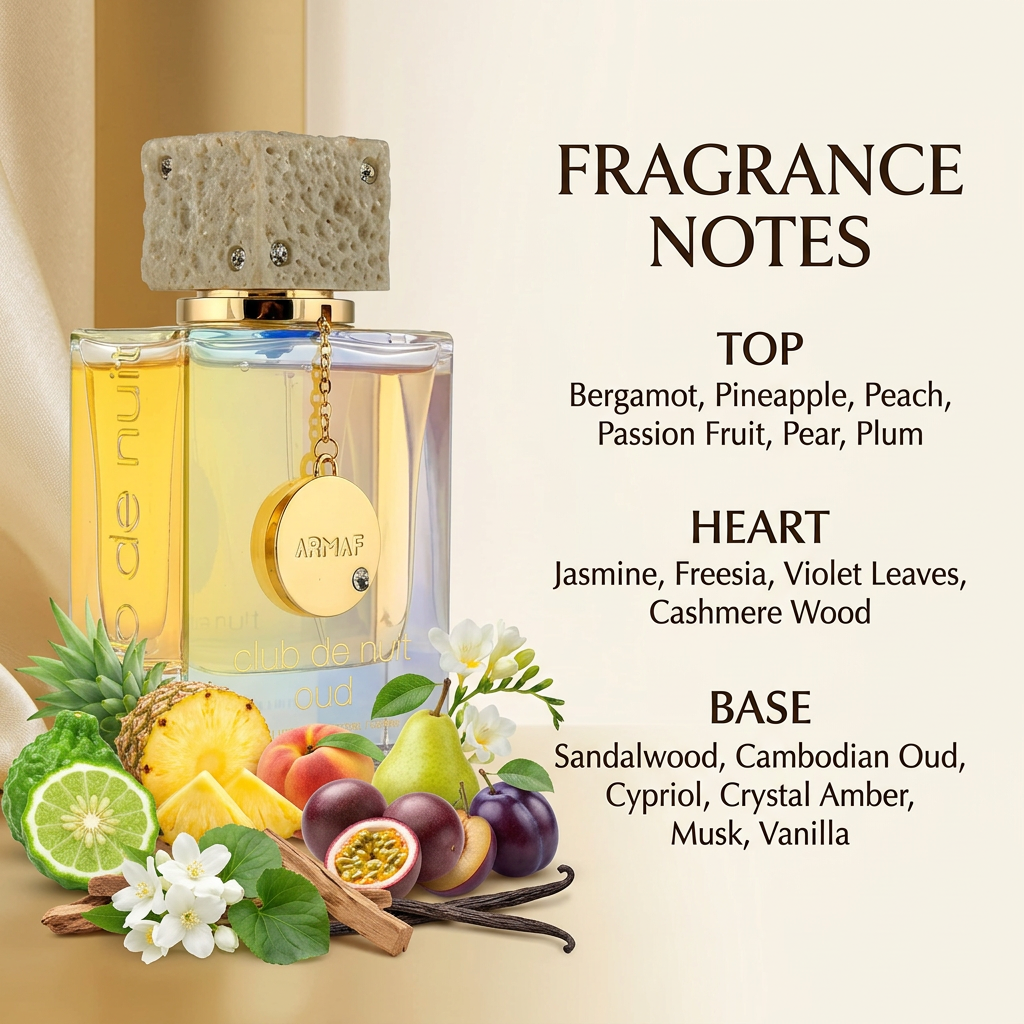 Perfume bottle with fragrance ingredients and top, heart, and base notes