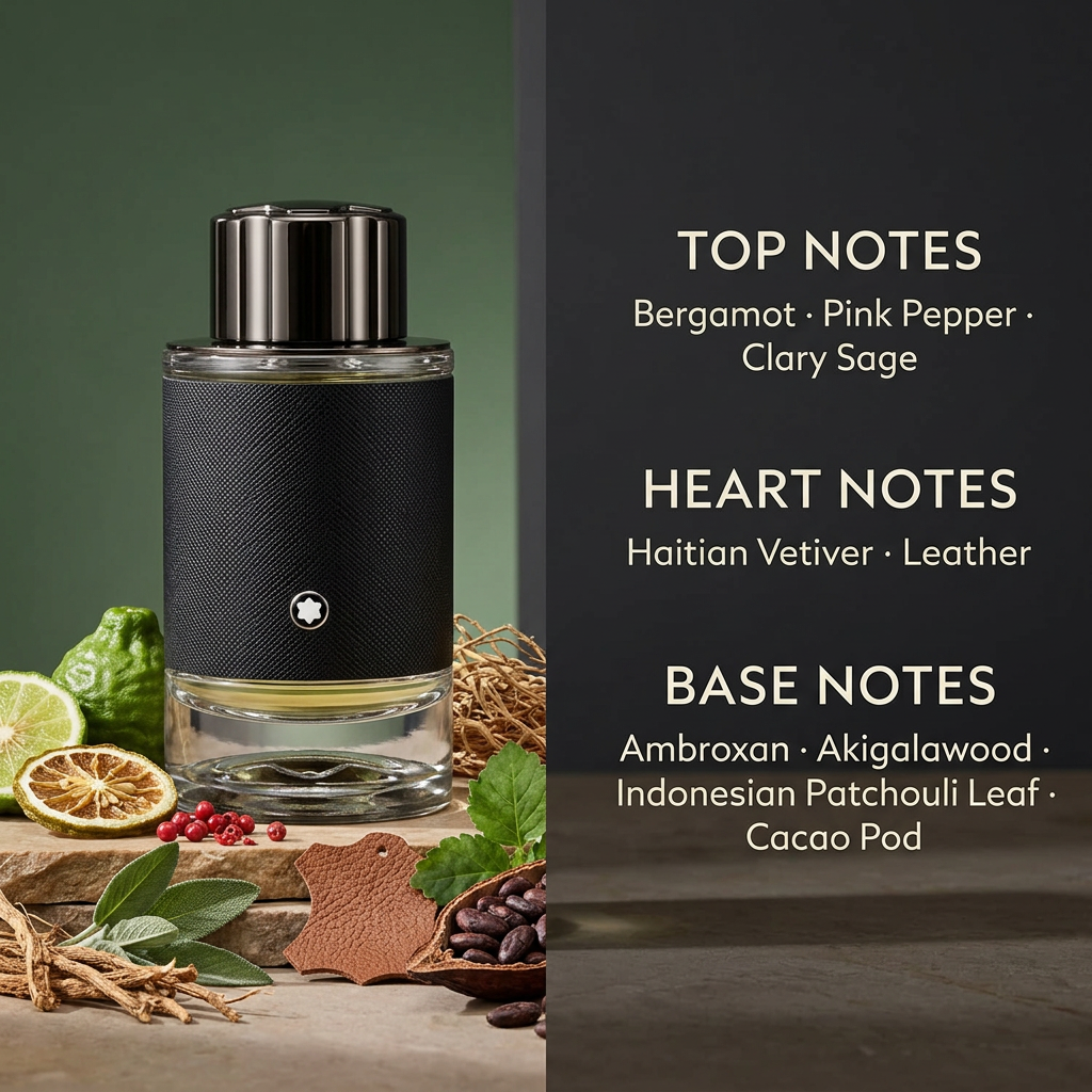 Perfume bottle with fragrance ingredients and written top, heart, and base notes