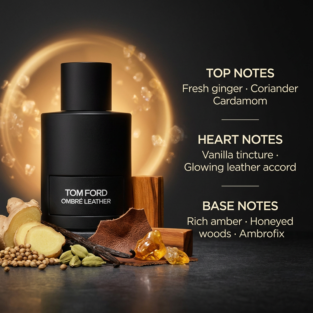 Perfume bottle with fragrance ingredients and written top, heart, and base notes