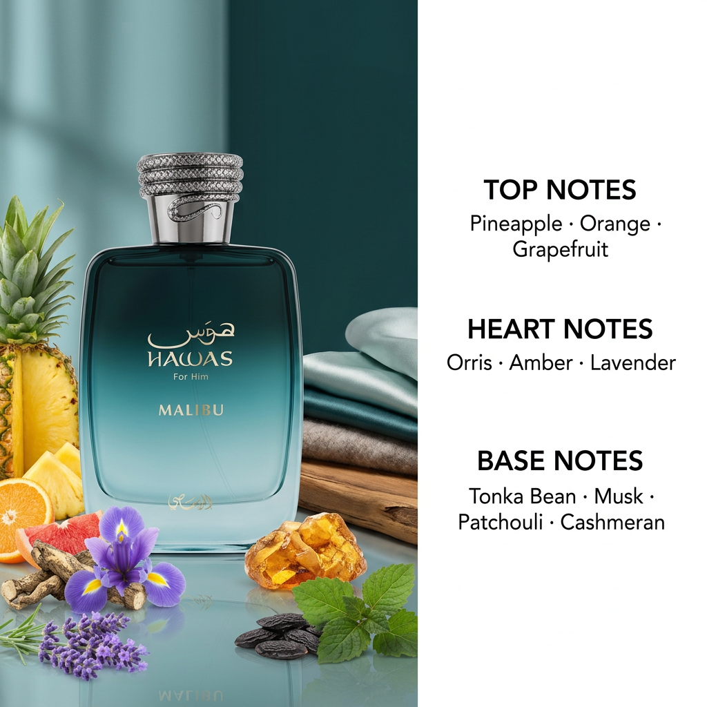 Perfume bottle with fragrance ingredients and written top, heart, and base notes