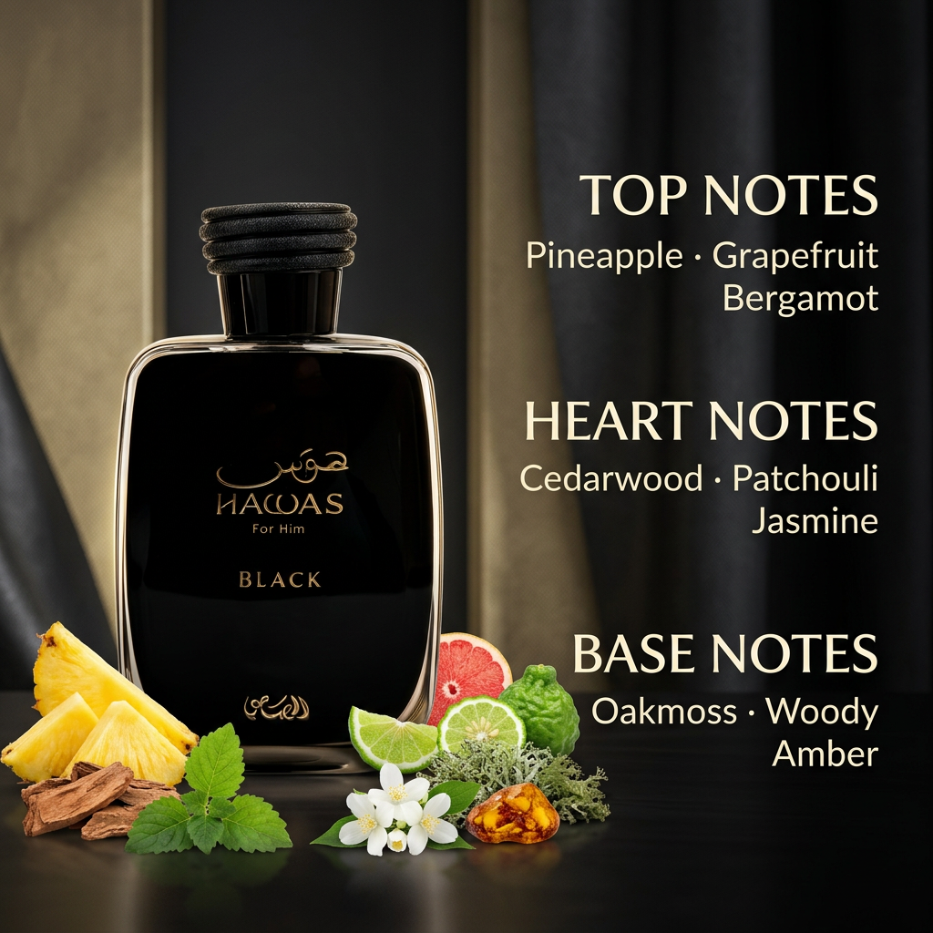 Perfume bottle with fragrance ingredients and written top, heart, and base notes