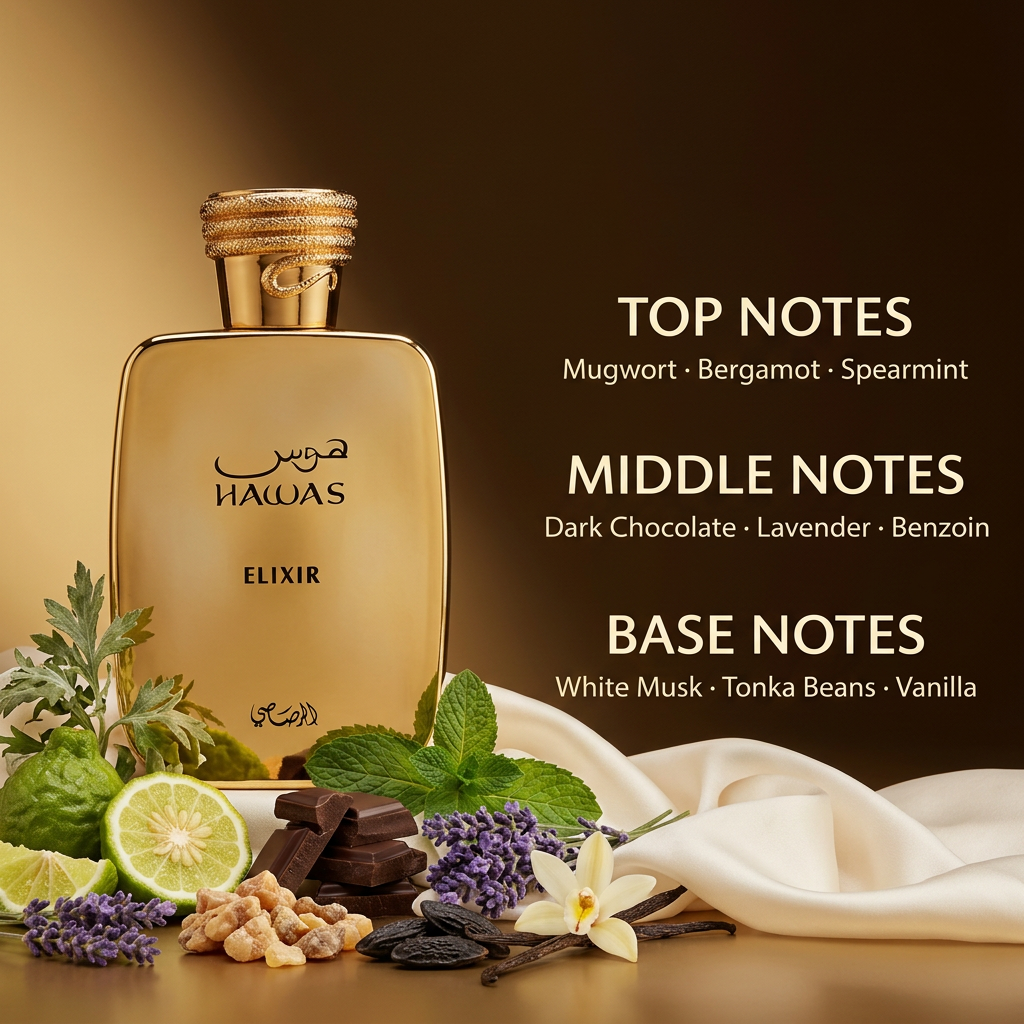 Perfume bottle with fragrance ingredients and written top, middle, and base notes