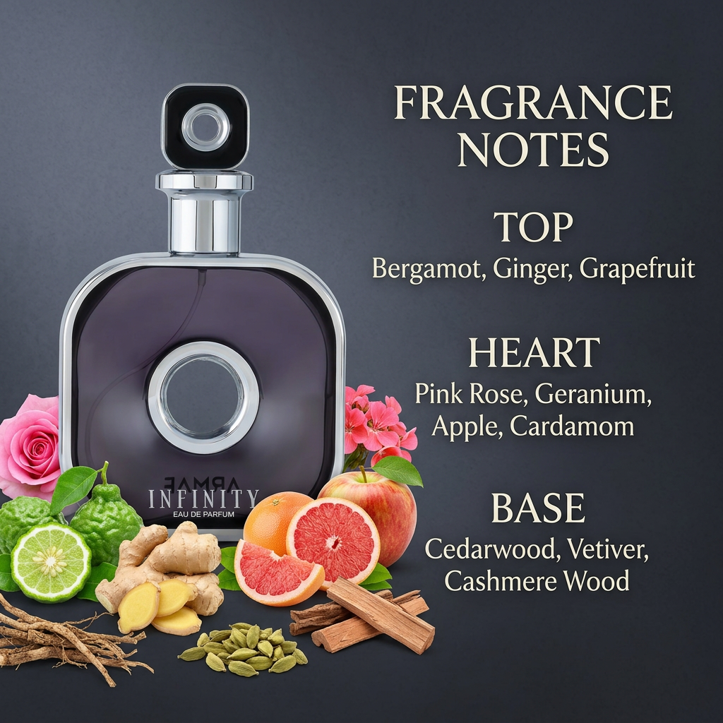 Perfume bottle with ingredient imagery and Top, Heart, and Base fragrance notes