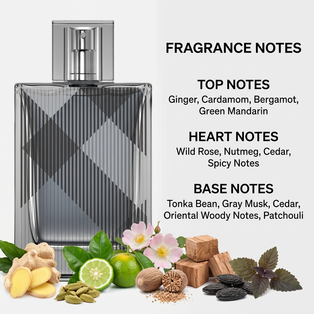 Perfume bottle with ingredient imagery and Top, Heart, and Base fragrance notes