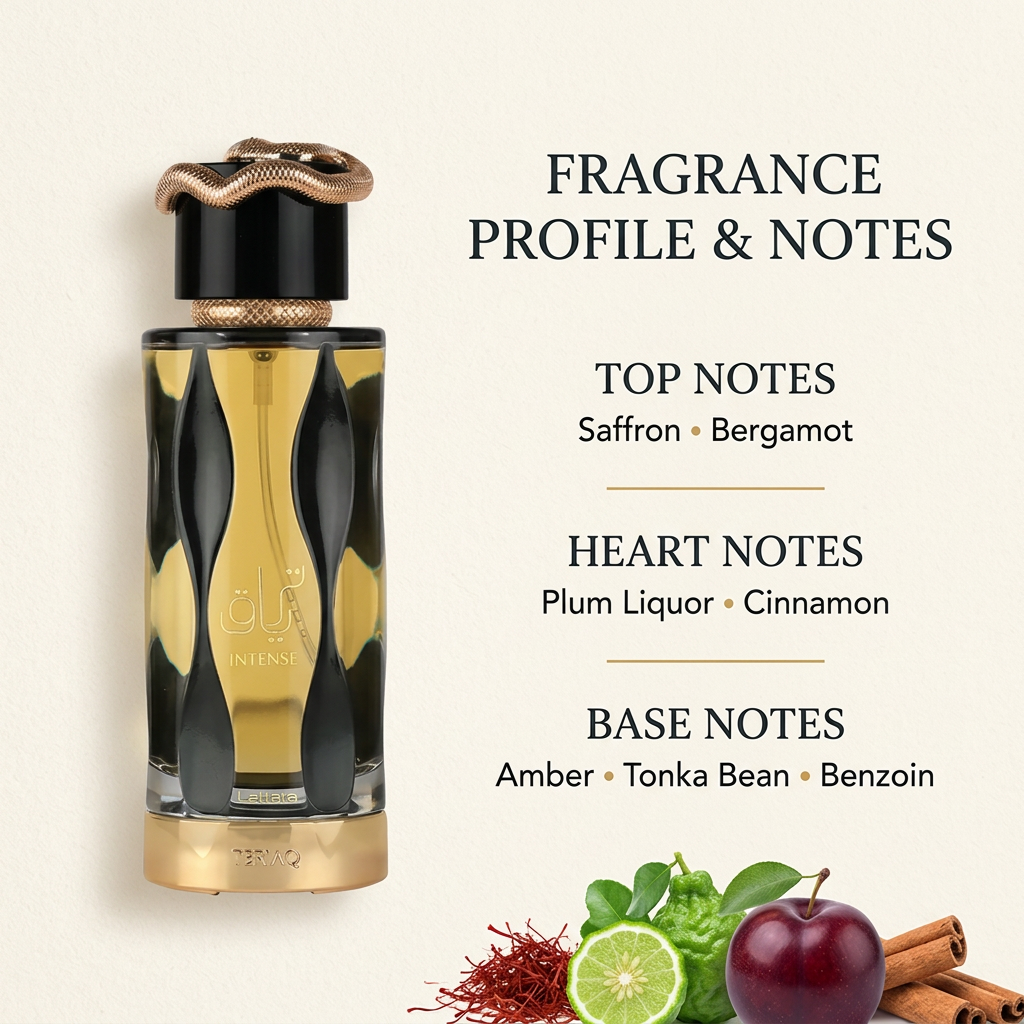 Perfume bottle with saffron and bergamot top notes, plum liquor and cinnamon heart notes, and amber, tonka bean, and benzoin base notes