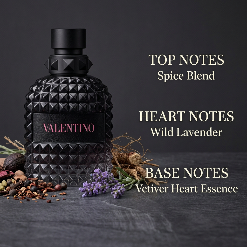 Perfume bottle with Spice Blend, Wild Lavender, and Vetiver Heart Essence written alongside
