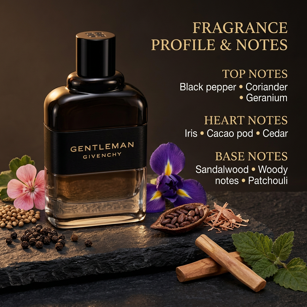 Perfume bottle with top, heart, and base fragrance notes in a dark luxury setting