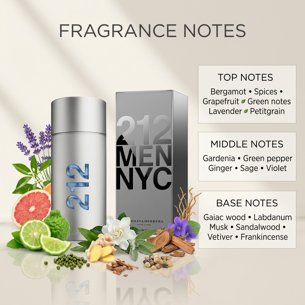 Perfume bottle with top, middle, and base fragrance notes