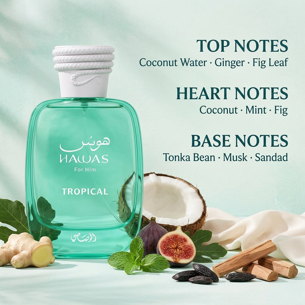 Perfume bottle with tropical ingredients and written top, heart, and base notes
