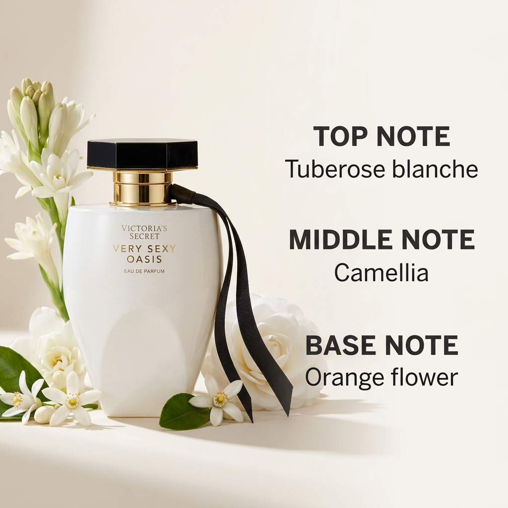 Perfume bottle with Tuberose blanche labeled as top note, Camellia as middle note, and Orange flower as base note