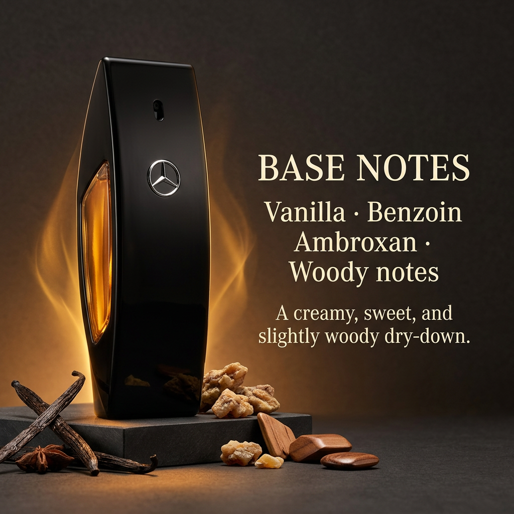 Perfume bottle with vanilla, benzoin, wood accents, and written base notes